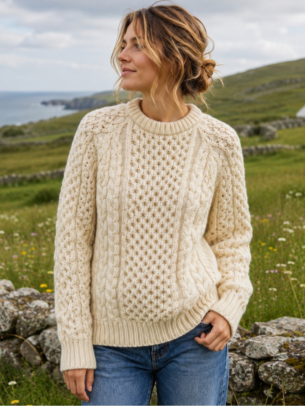 Vintage Irish Fisherman Aran Cable Knit 100% Wool Sweater Cream M